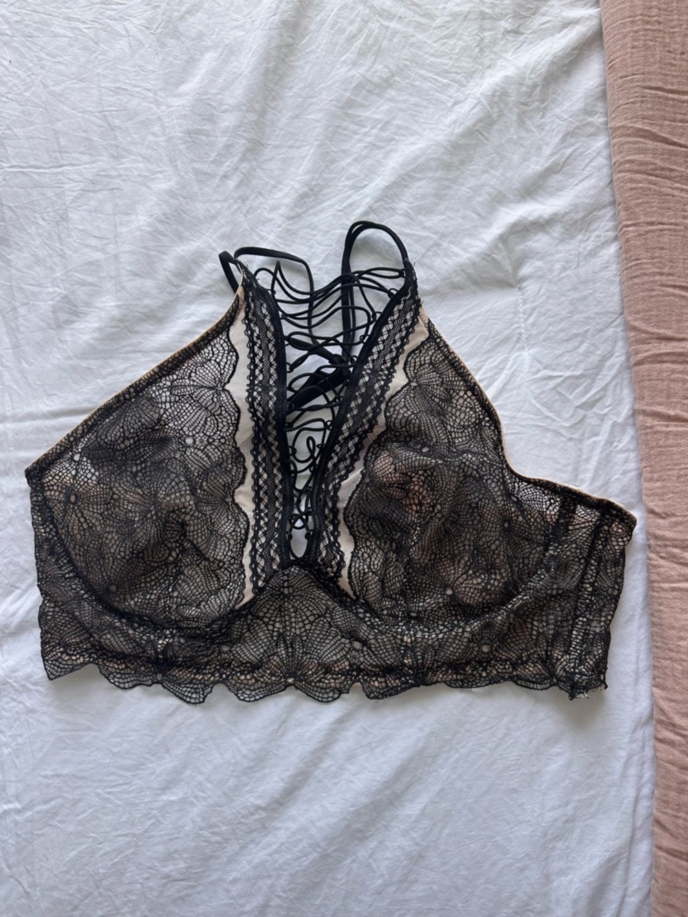 Victoria's Secret Black Lace Halter Bralette with Nude Lining